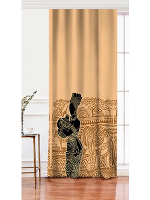 Tek Kanat Etnik Desen Zeminli Afrika Kadın Motifli Dijital Baskılı Fon Perde
