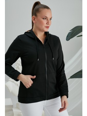 Rmg Fermuar Detaylı Büyük Beden Siyah Eşofman Üst