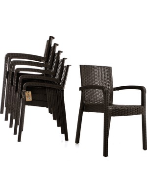 Violet Rattan Sandalye Takımı 6 Kişilik Takım Bahçe Balkon Teras Takımı Kahverengi