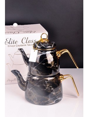 Bayev Elite Class Siyah Desenli Emaye Çaydanlık Takımı Altın Saplı 2 Parça Şık Tasarım