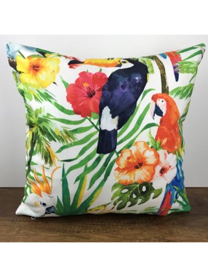 Cango Home Tropik Çiçekli Kuşlu Yeşil Siyah Yastık Kırlent Kılıfı - Çift Tarafı Baskılı