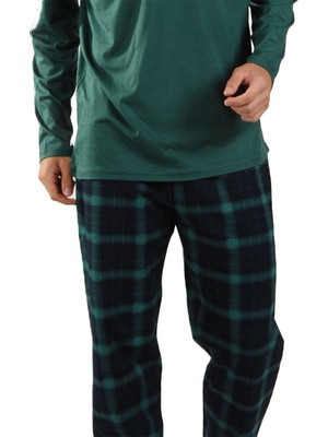 Malabadi Yeşil  Ekoseli  V Yaka Kışlık  Erkek Pijama Takımı 6014