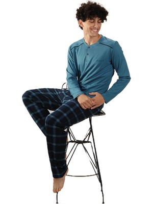 Malabadi Mavi Ekoseli  Düğmeli Yaka Kışlık  Erkek Pijama Takımı 6015