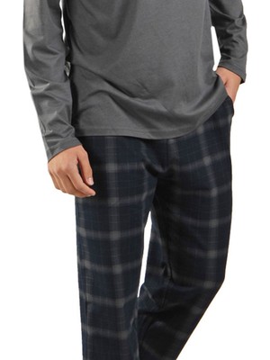 Malabadi Füme Ekoseli  Düğmeli Yaka Kışlık  Erkek Pijama Takımı 6015