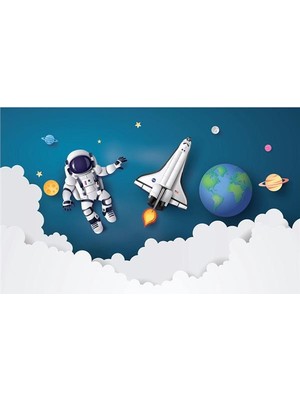 Eko Dekor Astronot ve Uzay Mekiği 3D Çocuk Odası Duvar Kağıdı  Kanvas Tek Parca