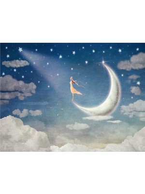 Eko Dekor Ay ve Yıldızlar Çocuk Odası Duvar Kağıdı  Kanvas Tek Parca