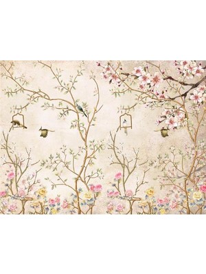 Eko Dekor Ağaç Dalları ve Kuşlar Vintage Duvar Kağıdı  Kanvas Tek Parca