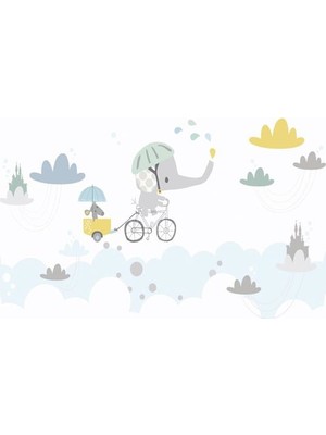 Eko Dekor Bisikletli Fil Çocuk Odası Duvar Kağıdı  Kanvas Tek Parca