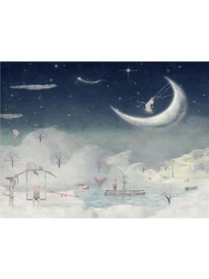 Eko Dekor Bulutlar ve Ay Çocuk Odası Duvar Kağıdı  Kanvas Tek Parca