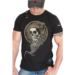 Sakallı Kurukafa Siyah Kısa Kollu Yırtık Ripped T-Shirt