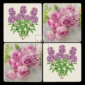 4'lü Uv Baskılı Doğal Taş Bardak Altı 10 cm x 10 cm Leylak ve Gül Desenli