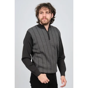 Erkek Çizgi Desenli Fermuarlı Yün Kazak 4539190 Füme