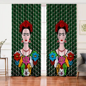 Çift Kanat Yeşil Zeminde Frida Kahlo Motifli Özel Tasarım Dijital Baskılı Fon Perde