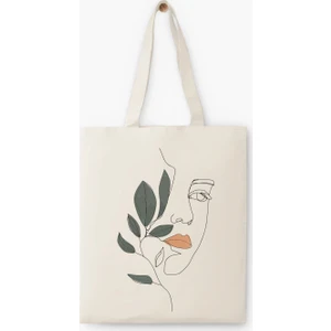 Çınar Bez Çanta Yaprak ve Kız Baskılı Ham Bez Çanta