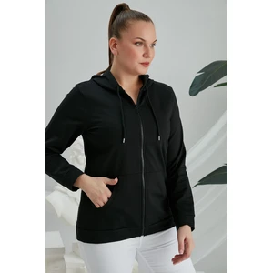 Fermuar Detaylı Büyük Beden Siyah Eşofman Üst