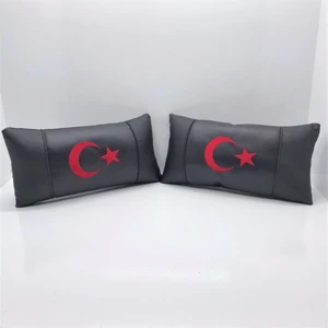 Otomotiv Türk Bayrağı Deri Araç Boyun Yastığı 2 Adet