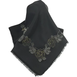 Mom Collection Taşlı Lüx Eşarp Siyah Uzun Gül Desen
