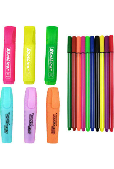 Homix Fineliner Kalem 0,4 mm 10'lu + Pastel Renk Forforlu 3'lü + Neon Renk Fosforlu Kalem 3'lü + Şeffaf Çanta