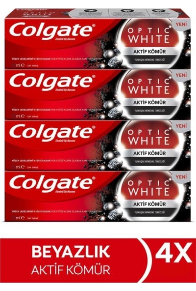 Colgate Optic White Aktif Kömür Yumuşak Mineral Temizliği Beyazlatıcı Diş Macunu 4 x 50 ml