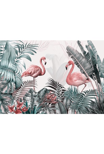 Özen Duvar Kağıdı Pembe Flamingolar ve Tropikal Yapraklar Duvar Kağıdı