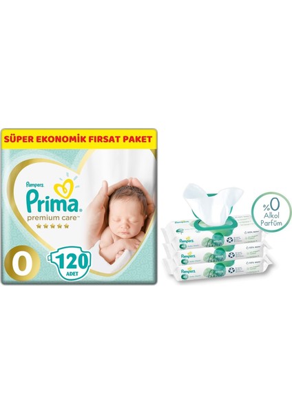 Premium Care Bebek Bezi Beden : 0 (1.5 - 2.5 Kg) Prematüre 120'LI + Islak Mendil 3'lü