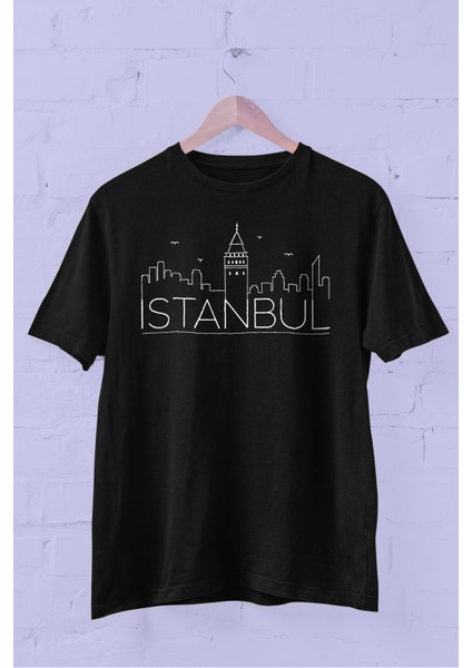 Istanbul Silüeti Baskılı Bisiklet Yaka Erkek Tişört