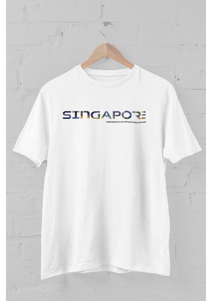 Singapour Fotoğraf ve Tipografi Baskılı Bisiklet Yaka Erkek Tişört