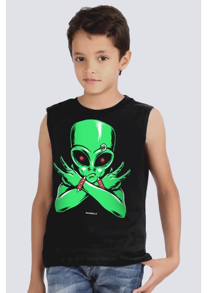 Uzaylı Rocker Siyah Kesik Kol | Kolsuz Kız Erkek Uniseks Çocuk T-Shirt | Atlet