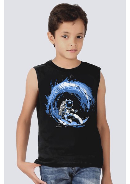 Galaktik Sörfcü Siyah Kesik Kol | Kolsuz Kız Erkek Uniseks Çocuk T-Shirt | Atlet