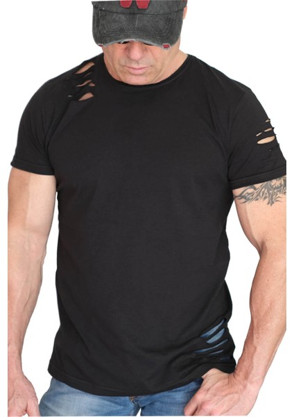 Düz, Baskısız Siyah Kısa Kollu Yırtık Ripped T-Shirt