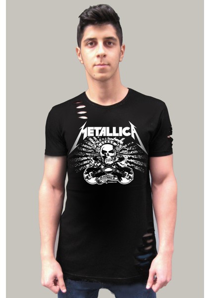 Metallica Kurukafa Siyah Kısa Kollu Yırtık Ripped T-Shirt