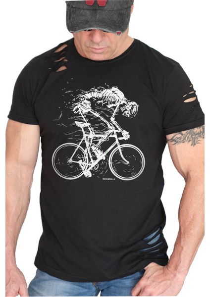 Daha Hızlı Siyah Kısa Kollu Yırtık Ripped T-Shirt