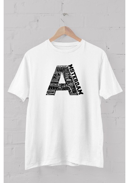 Amsterdam Silüeti Tipografi Baskılı Bisiklet Yaka Erkek Tişört