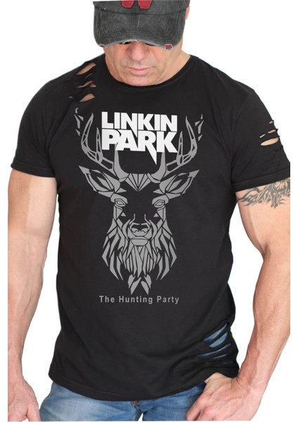 Geometrik Geyik Siyah Kısa Kollu Yırtık Ripped T-Shirt