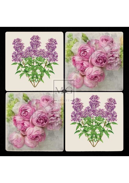 4'lü Uv Baskılı Doğal Taş Bardak Altı 10 cm x 10 cm Leylak ve Gül Desenli