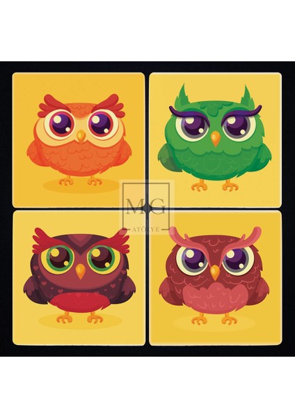 4'lü Uv Baskılı Doğal Taş Bardak Altı 10 cm x 10 cm Baykuş Desenli