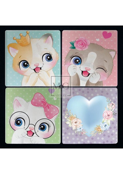 4'lü Uv Baskılı Doğal Taş Bardak Altı 10 cm x 10 cm Kedi Desenli