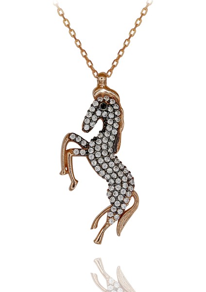 Beyaz Taşlı Şahlanan At Gümüş Kolye