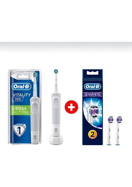 D100 Cross Action Şarj Edilebilir Diş Fırçası+ 3D White 2'li Yedek Başlık