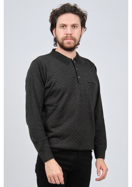 Erkek Cep Detaylı Polo Yaka Desenli Kazak 42544232 Koyu Gri
