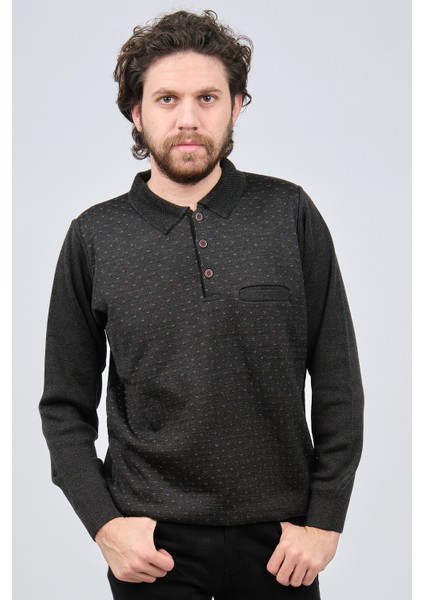 Erkek Cep Detaylı Polo Yaka Desenli Kazak 42544232 Koyu Gri modelleri