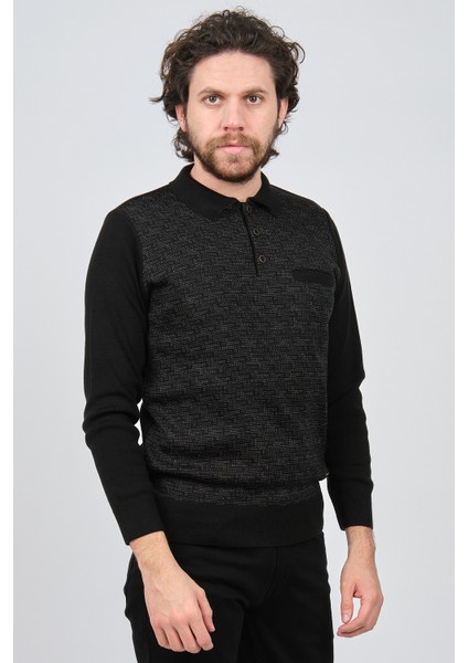 Erkek Cep Detaylı Polo Yaka Desenli Kazak 42544230 Siyah