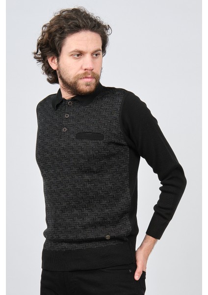 Erkek Cep Detaylı Polo Yaka Desenli Kazak 42544230 Siyah modelleri