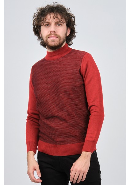 Erkek Yarım Balıkçı Yaka Desenli Kazak 42564229 Bordo