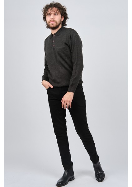 Erkek Cep Detaylı Polo Yaka Kazak 42544241 Koyu Gri