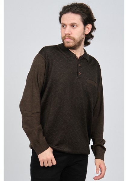 Erkek Cep Detaylı Polo Yaka Desenli Kazak 425444217 Kahverengi