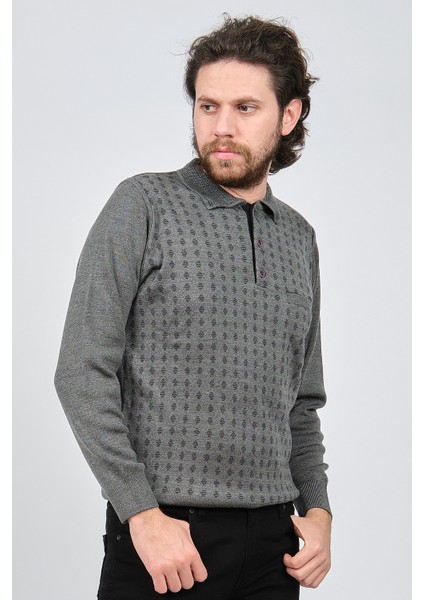 Erkek Cep Detaylı Polo Yaka Desenli Kazak 42544216 Gri