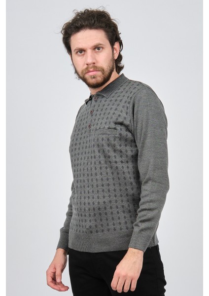 Erkek Cep Detaylı Polo Yaka Desenli Kazak 42544216 Gri