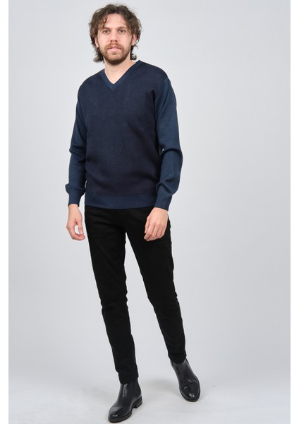 Erkek V Yaka Desenli Yün Kazak 6091746 Indigo