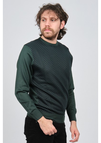Erkek Bisiklet Yaka Desenli Yün Kazak 4537043 Yeşil